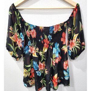 Women's Klaxons Black Floral Off Shoulder Sheer Top Size Small